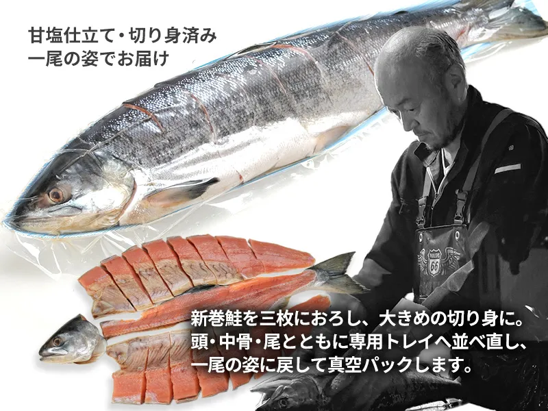 甘塩に仕上げて切り身加工し一尾の姿に戻した新巻鮭